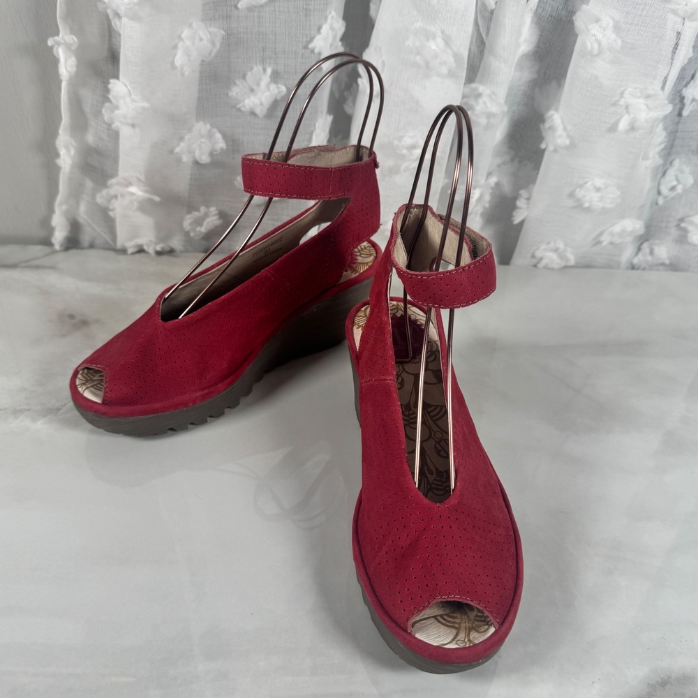 Fly London Red Suede Peep-Toe Wedge Sandals